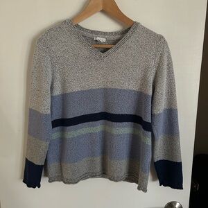 J Jill Gray and Blue Stiped Women's V-Neck Sweater